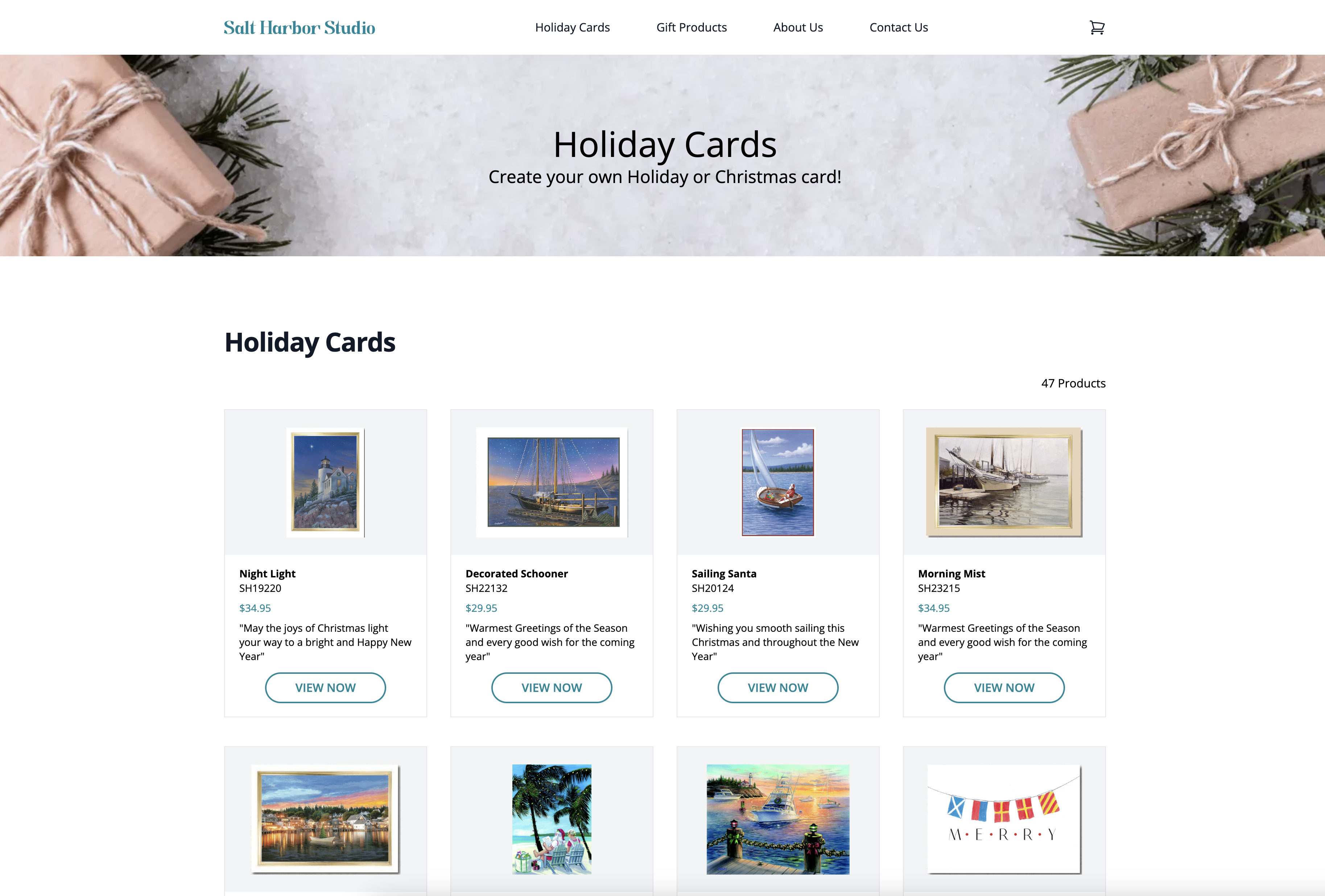 Salt Harbor Studio holiday cards page highlighting nautical-themed Christmas cards, customizable messages, and eco-friendly paper for Rhode Island holiday card designs.